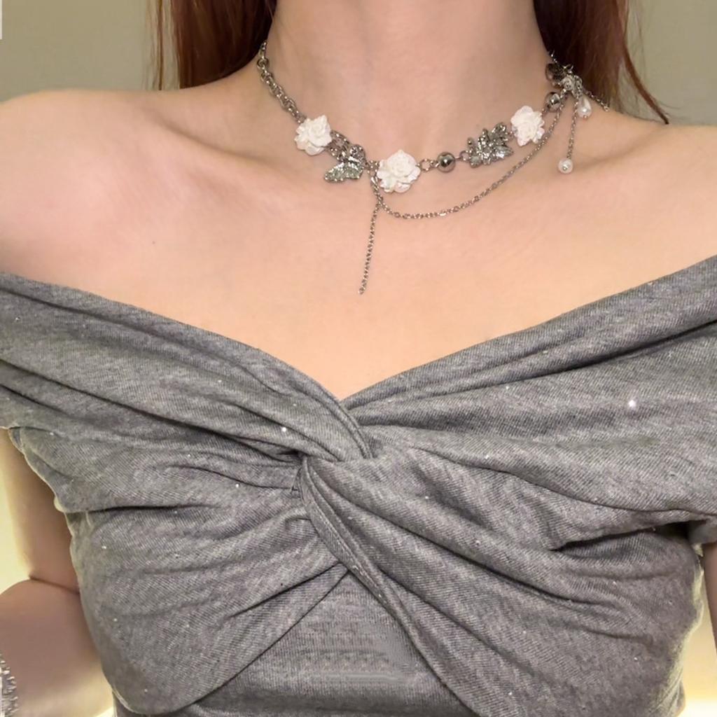 French White Flower Butterfly Pearl Tassel Choker, Light Luxury Clavicle Necklace