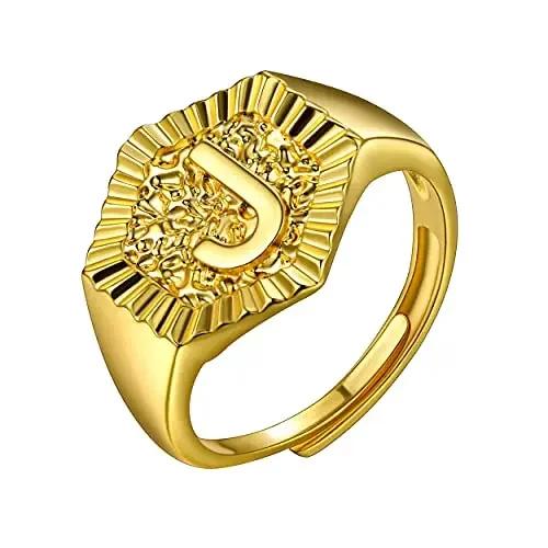 Hexagon Surface 3D Embossed A-Z Initial Letter Rings for Man Woman Adjustable Size A-Z 14k Gold Color Family Signet Jewelry
