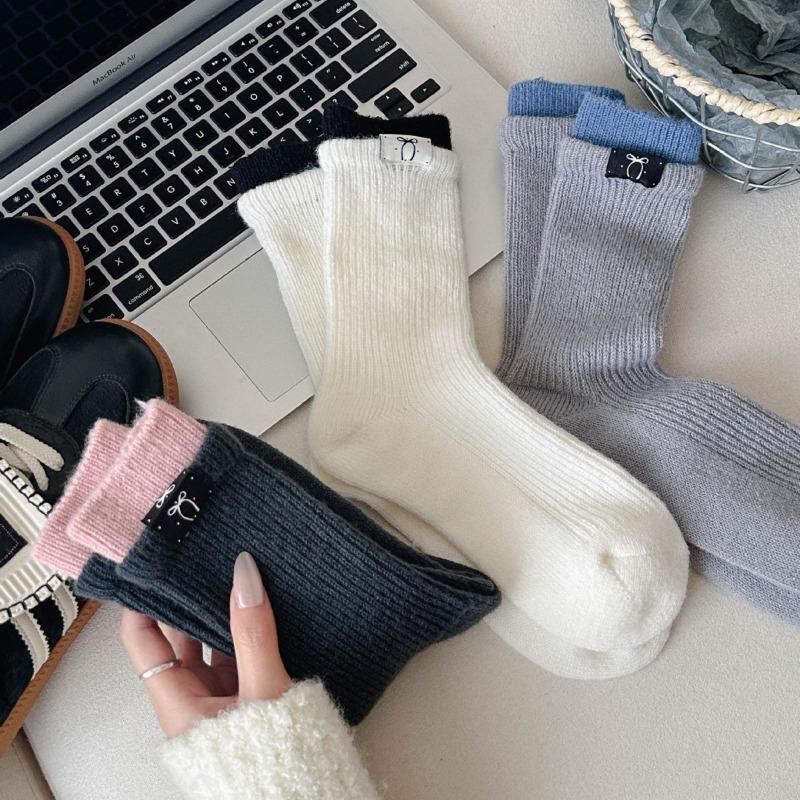 2 Pairs of Wool Socks - Children's Autumn-winter Thick and Warm Color-matched Double-cuffed Fabric Logo Bow Knee-length Socks Trendy Wool Long Socks