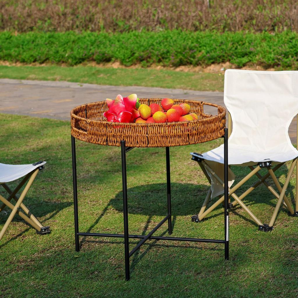 Portable Rattan Wicker Dining Table - Foldable Round Camping Table with Brown Finish, Outdoor Tea Table for Picnics & Camping
