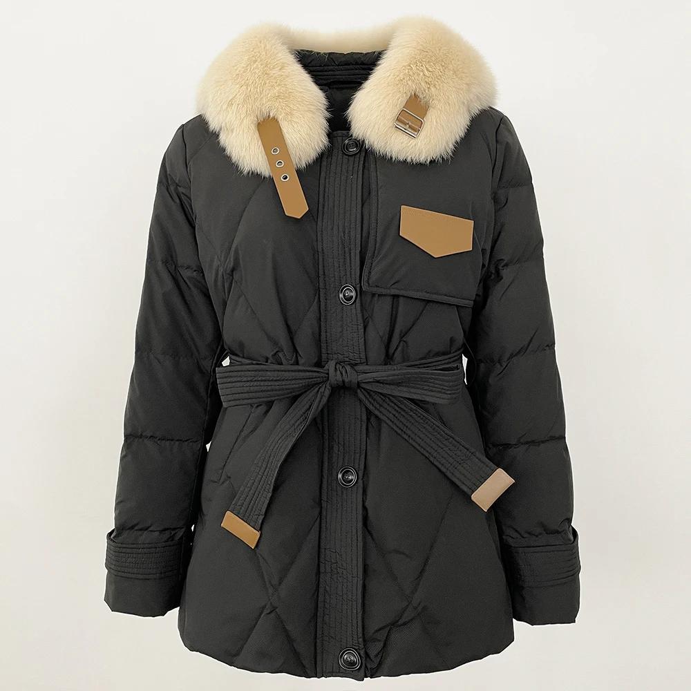 OFTBUY 2024 Winter Jacke Frauen Echt Fox Pelz Kragen Natürliche Dicke Warme Ente Unten Mantel Gürtel Oberbekleidung Streetwear Casual