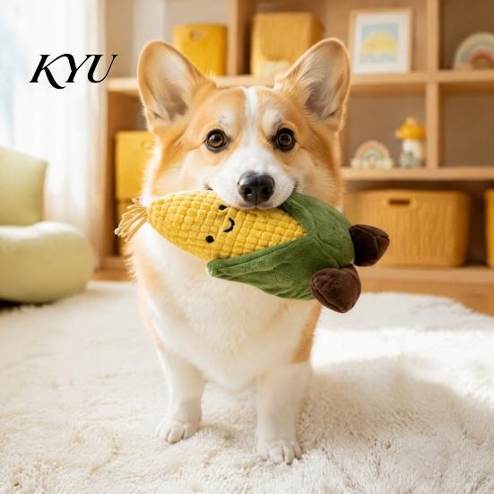 Plush Chew Toys for Puppy Corn Dog Toy, Squeaky Stuffed Indoor Play Pets Soft Teething Toy Small to Medium Dogs Natural Biting