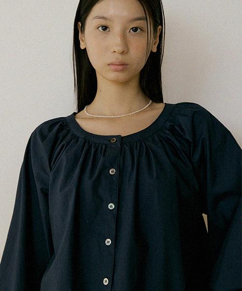 Lingseoul Shirring Volume Blouse-Navy