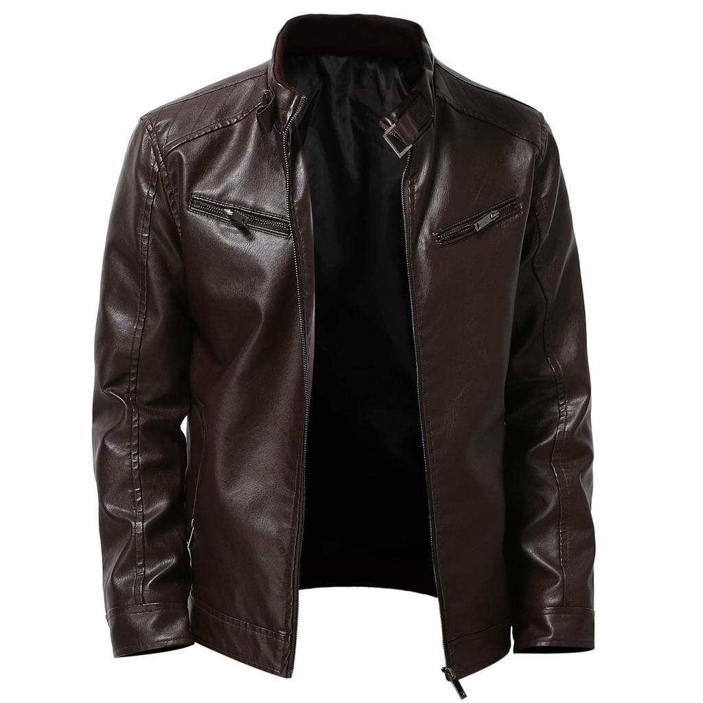 Ji Business Gentleman Warm Zip Cardigan Pocket Decorative PU Leather Jacket Stand-Up Collar Slim Leather Jacket
