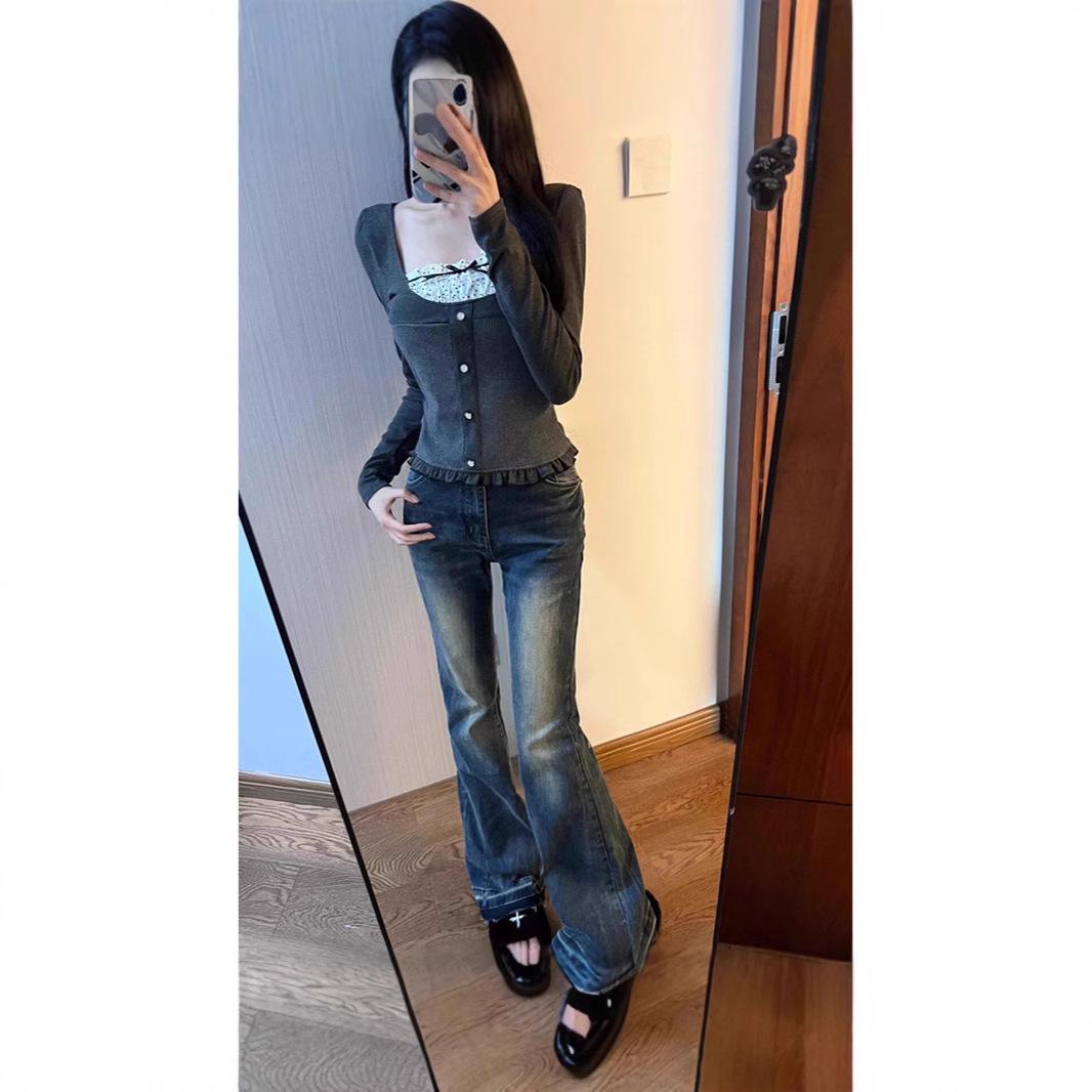 

French Square Neck Sweet & Spicy Two-Piece Style Long Sleeve Women s Lace Top Small сірий колір