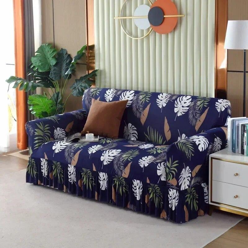 Sofaovertrekk med stort skjørt i europeisk stil, universalstoff for alle fire årstider, sklisikkert sofaovertrekk, full dekning, sofahåndkle med pute