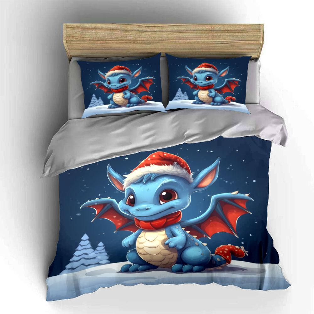 Cute Festive Dragon Design Bedding Duvet Cover Set (1*Duvet Cover 2*Pillowcases, Without Duvet Insert)