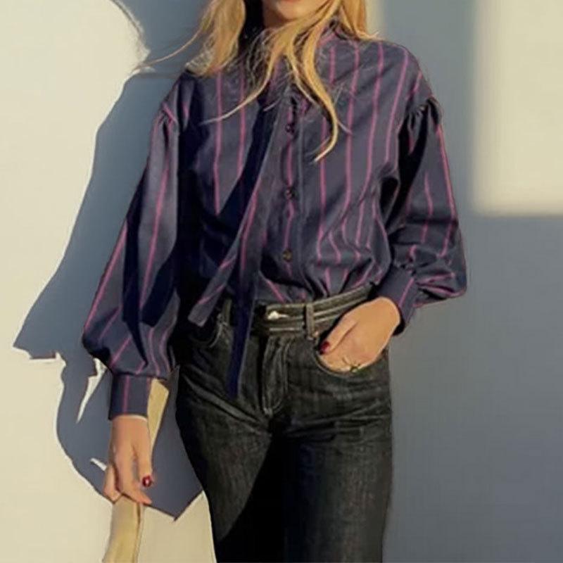 

2025 Spring European & American Women s Retro Lantern Sleeve Striped Tie-Up French Shirt 3XL