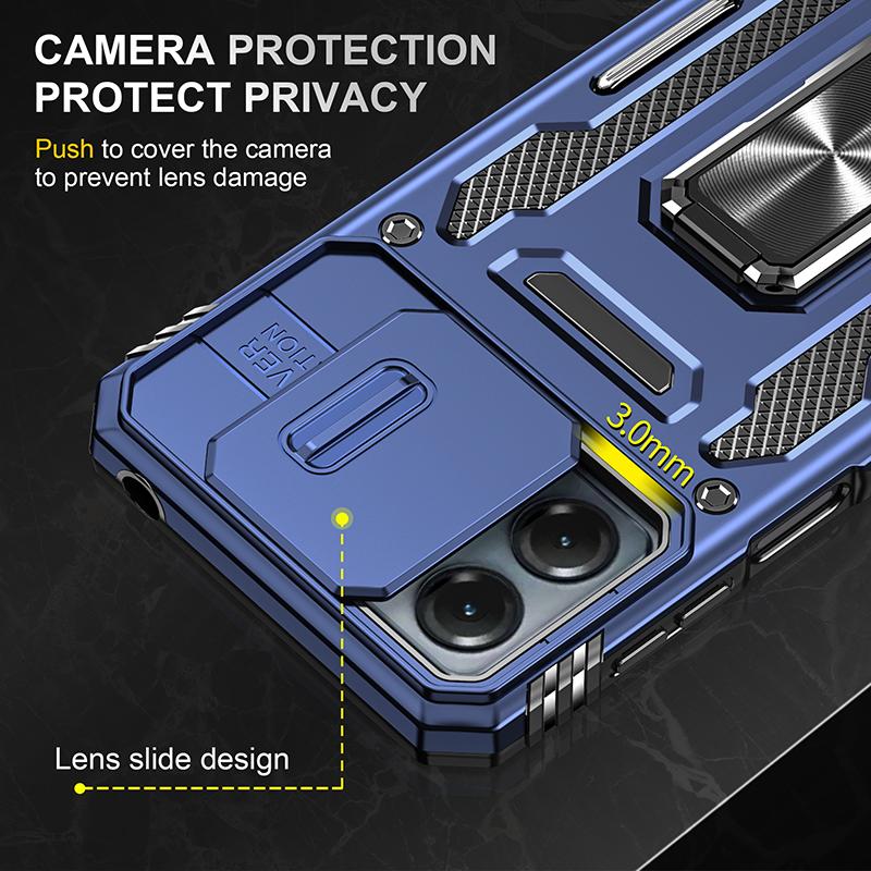 Armor Series For Motorola Moto G54 5G Case PC+TPU Kickstand Phone Cover with Slide Lens Protector