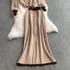 Autumn Winter Women Casual Knitted Sweater Two Piece Set V-neck Pullover Tops and Long Maxi Big Swing Skirt Suit