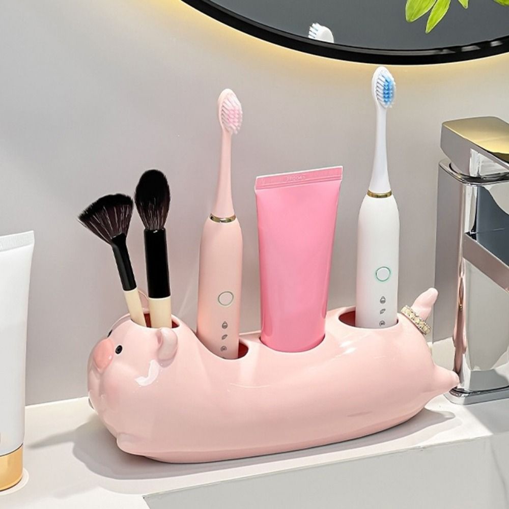 Cartoon Pig Electric Toothbrush Holder Ceramic Decorative Toothbrush Storage Rack Waterproof Space Saving Washbasin Rack