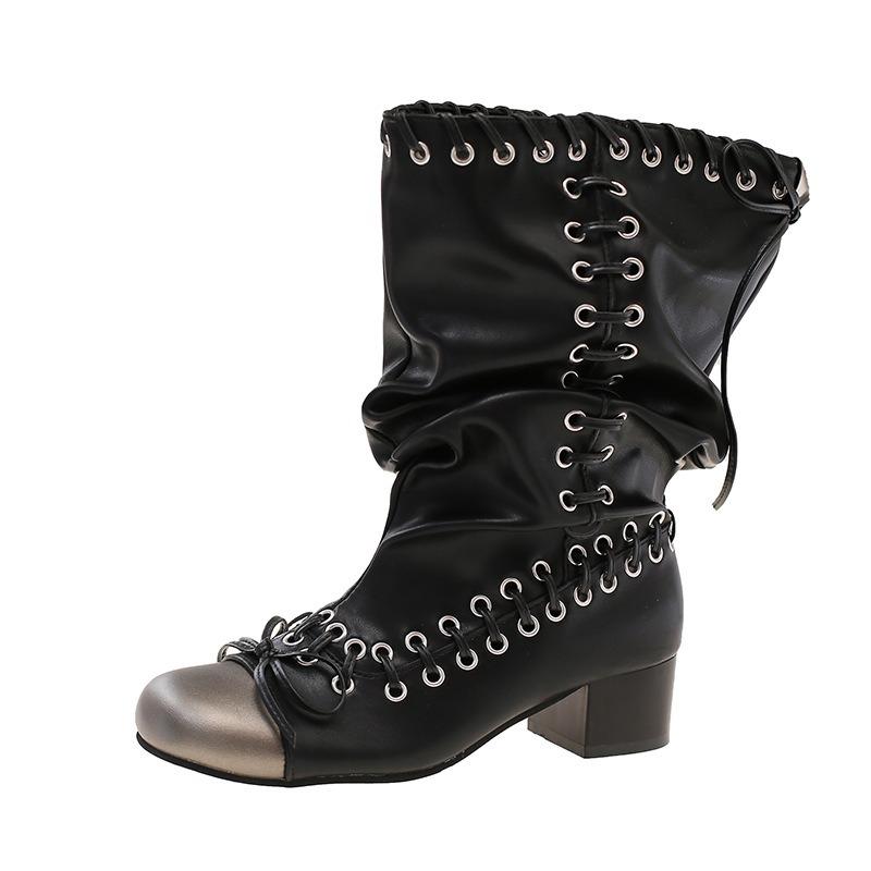 Polished straps Martin boots Spring and summer new push boots Women's thick-soled thick-heeled short boots Handsome short boots Locomotive boots