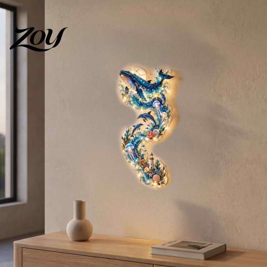 Holiday Gift for Friends 2D Acrylic Ocean Whale LED Wall Decor, Nautical Sea Animal Art Ambient Lighting Living Room with Warm Light, Coastal
