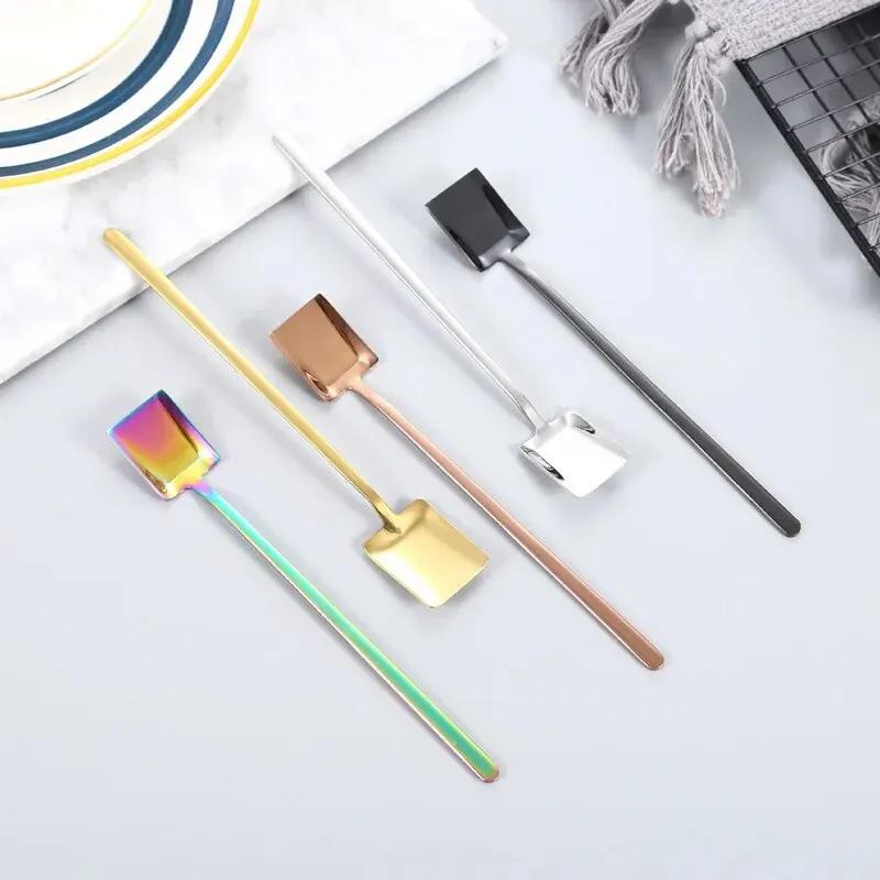 2pcs/set 304 Stainless Steel Long Handled Spoon Household Shovel Shaped Dessert Spoon Coffee Mixing Spoon