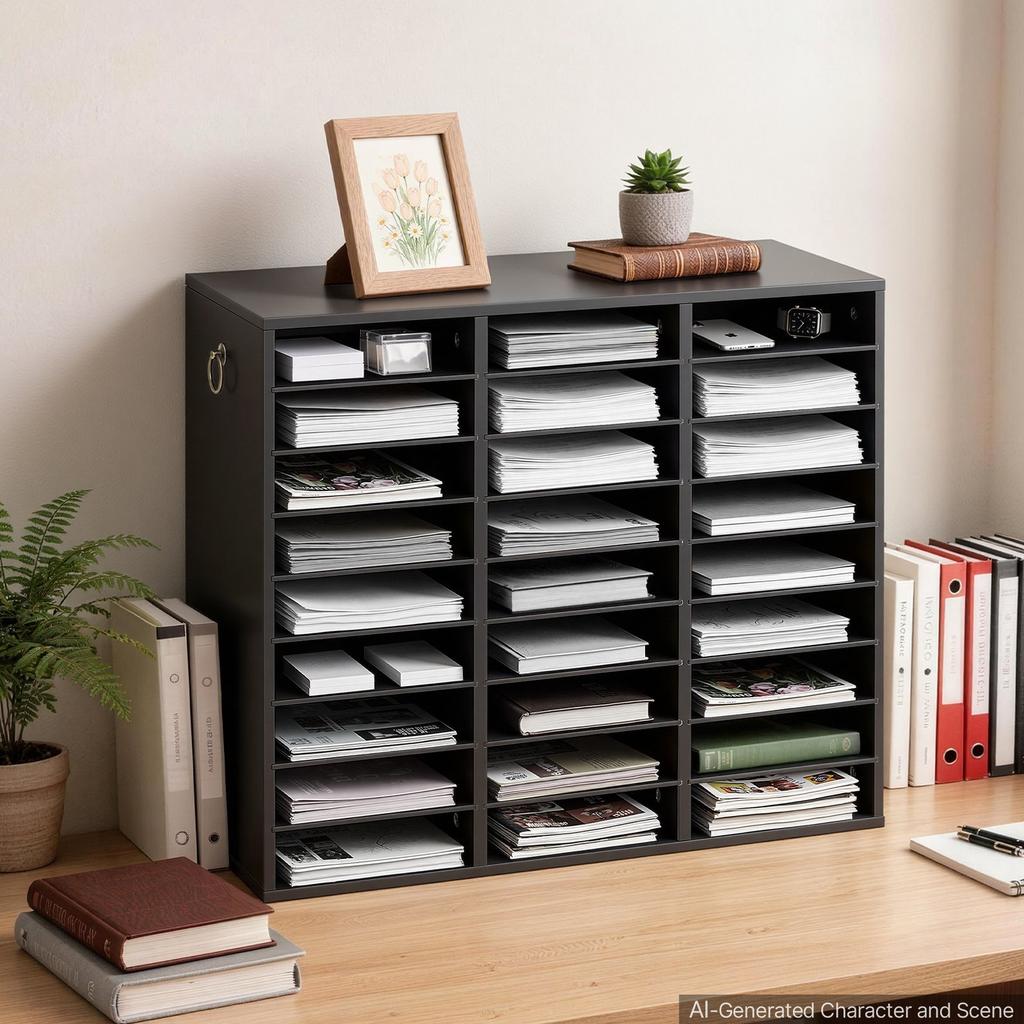 Wood Literature Organizer 27 Compartments Office Mailboxes Black, Countertop Literature Sorter for Files Documents Papers, with Adjustable Shelves,