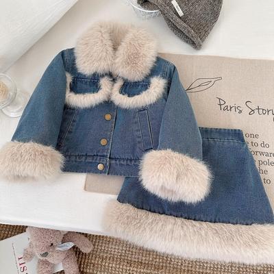 Mädchen Winter Fleecegefüttertes Denim-Set Mittel/Kleine Kindergröße Verdickte Weiche Jacke + Rock Zweiteiliges Set