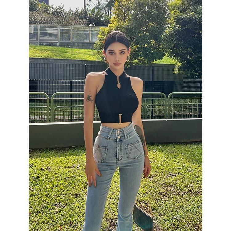 Women Sexy Tank Tops Chic Y2K Tops Halter Off Shoulder Tops Crop Tops Elastic Solid Tank Tops for Women Summer 2025