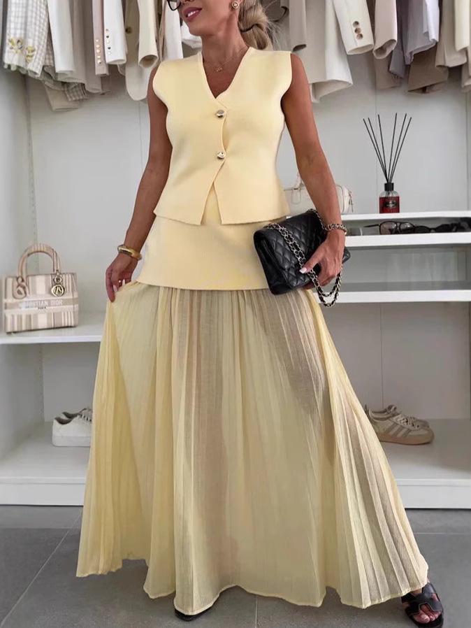 2025 Damen Sommer Schlankmachende Strickweste & Raffung Tüll Patchwork Langes Kleid Set