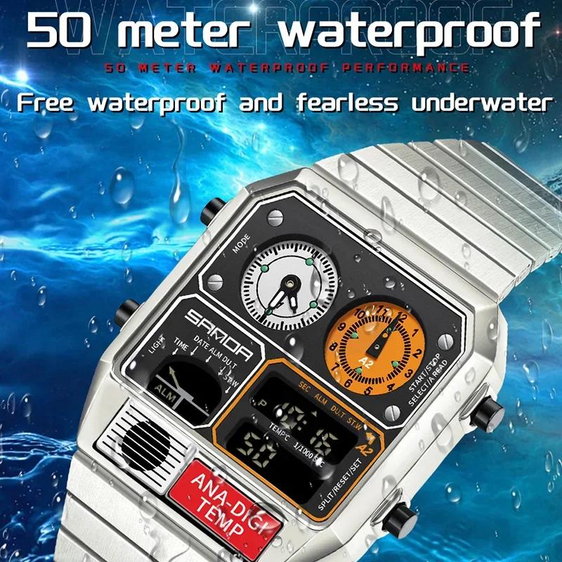 SANDA Electronic Watch Men Square Steel Band Digital Wristwatch Temperature Measurement Stopwatch Timing Multifunctional Watch