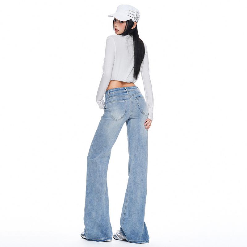 Light blue low-rise slightly pulled jeans women's autumn new models do not stick to the legs loose and thin wide-leg flared pants