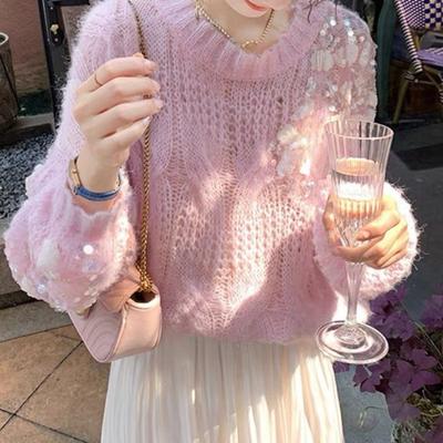 Kleiner Duft Pailletten Pullover Pullover Damen lockerer Wind Frühherbst 2022 Japanischer Langarm O-Ausschnitt Strickwaren Pullover Top