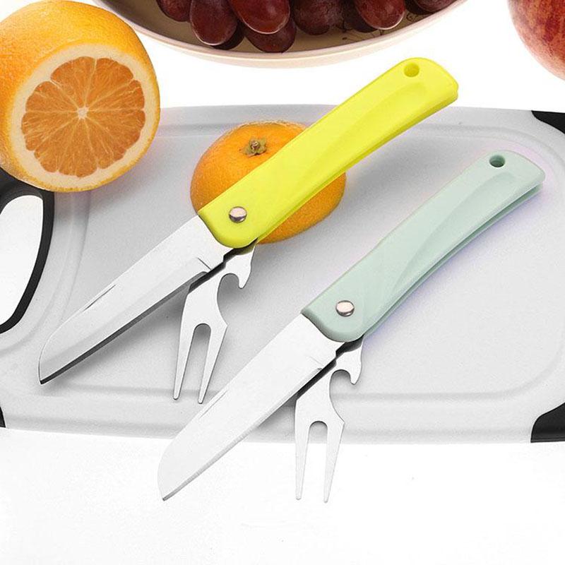 Stainless Steel Kitchen Fruit Knives ABS Handle Folding Slicing Knife with Fork Camping Pocket Peeler