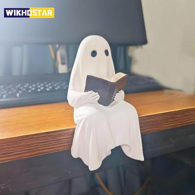 Halloween Little Ghost Statue Ornaments for Loving Reading, Resin Crafts Little Ghost Reading Decoration, Suitable for Living Room