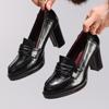 British Style Black PU Leather Pumps Women Quality Hand Sewing Chunky Heel Loafers Elegant Commuting Office Shoe Cozy Women Shoe