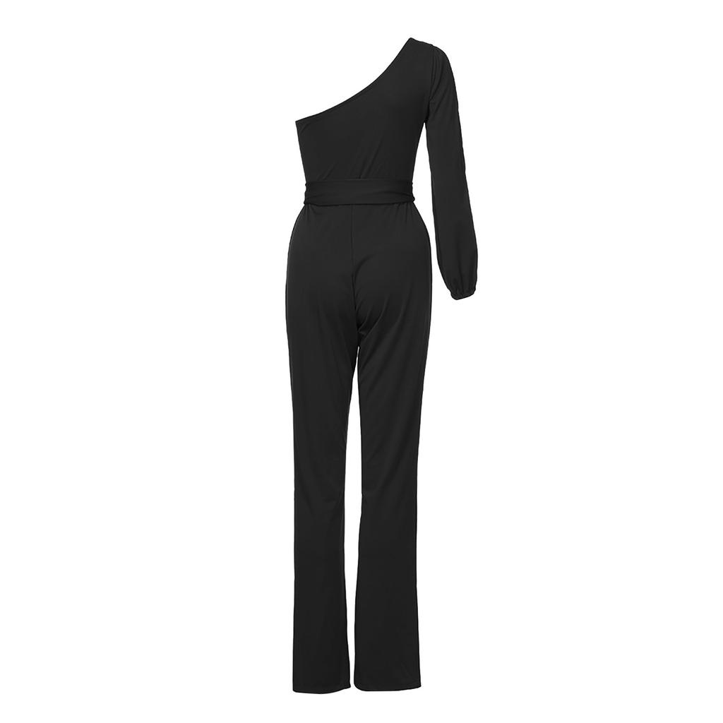 Women's One Shoulder High Waist Tie Solid  Long Sleeve Slim Sexy Jumpsuit