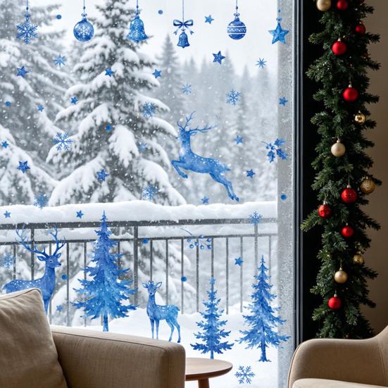 Seasonal Window Display Accents Watercolor Christmas Sticker, Non Adhesive Blue Elk Snowflake Tree Decals Wall Decal, Static Cling Removable