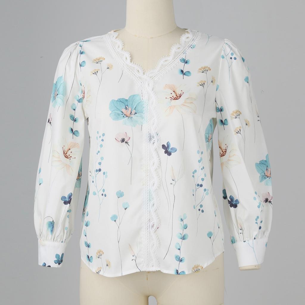 Women's Long-sleeved V-neck Lace Stitching Shirt