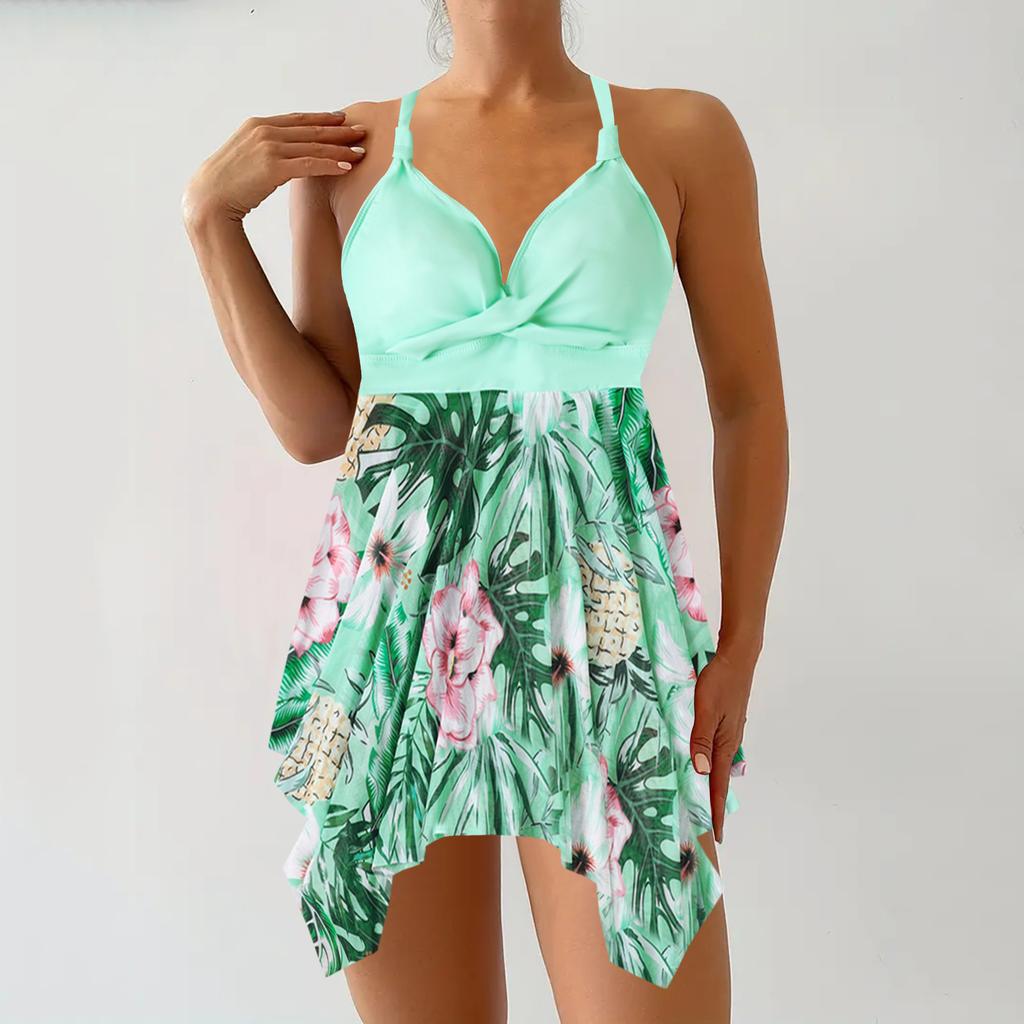 Summer Swimwear Women Plus Size Swimsuit Slim Flowers  Sexy Beach Dress Fat Women Backless Sleeveless Swim Dress