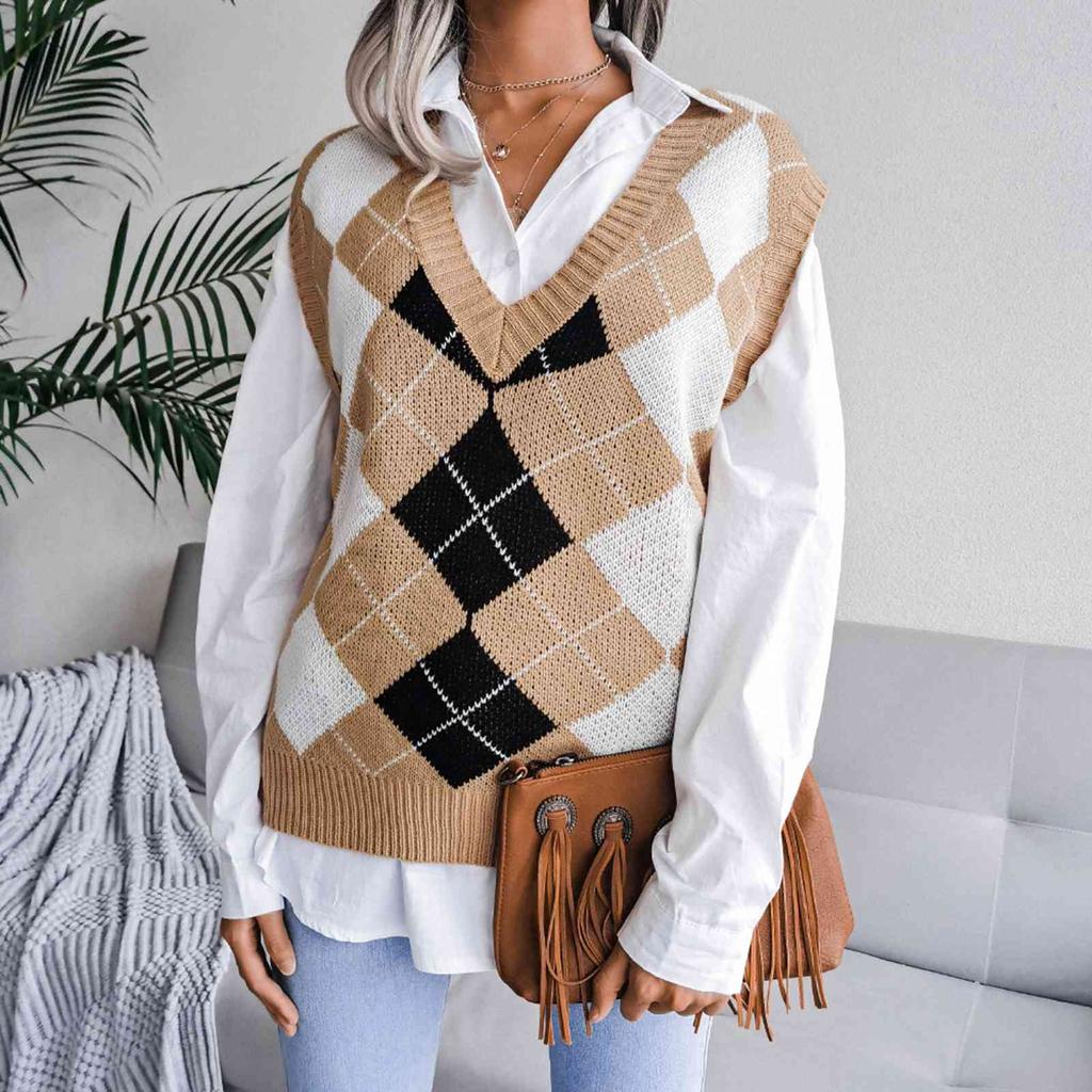 Damen Ärmellose Strickweste V-Ausschnitt Karomuster Locker Lässig Stilvoll Hautfreundlich Pullover Strickweste für Herbst und