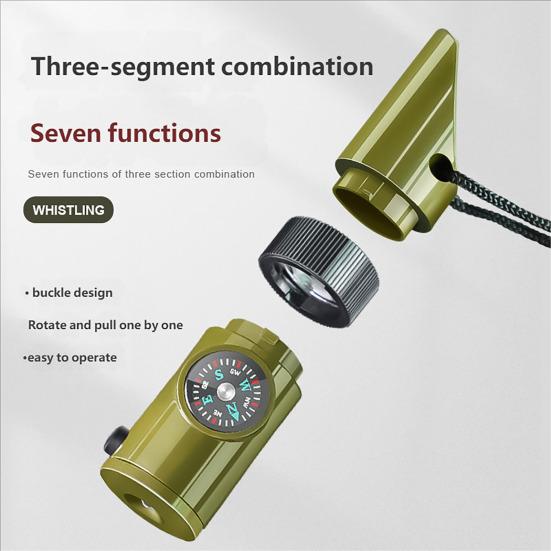 7-In-1 Multifunctional Whistle with Compass Thermometer Magnifier Reflector Mirror LED Light Outdoor Hiking Hunting Camping Emergency Survival Tool
