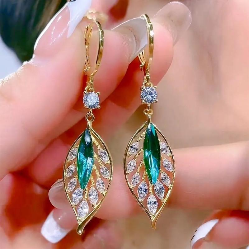 Orecchini Cristallo Verde Foglie Dorate per Donna Individualità Accessori Quotidiani San Valentino Anniversario Compleanno Gioielli Regali