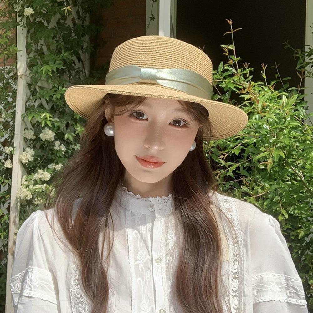 French Style Straw Woven Hat Elegant Women's Sun Hat Simple Beach Flat Top Hat  Seaside