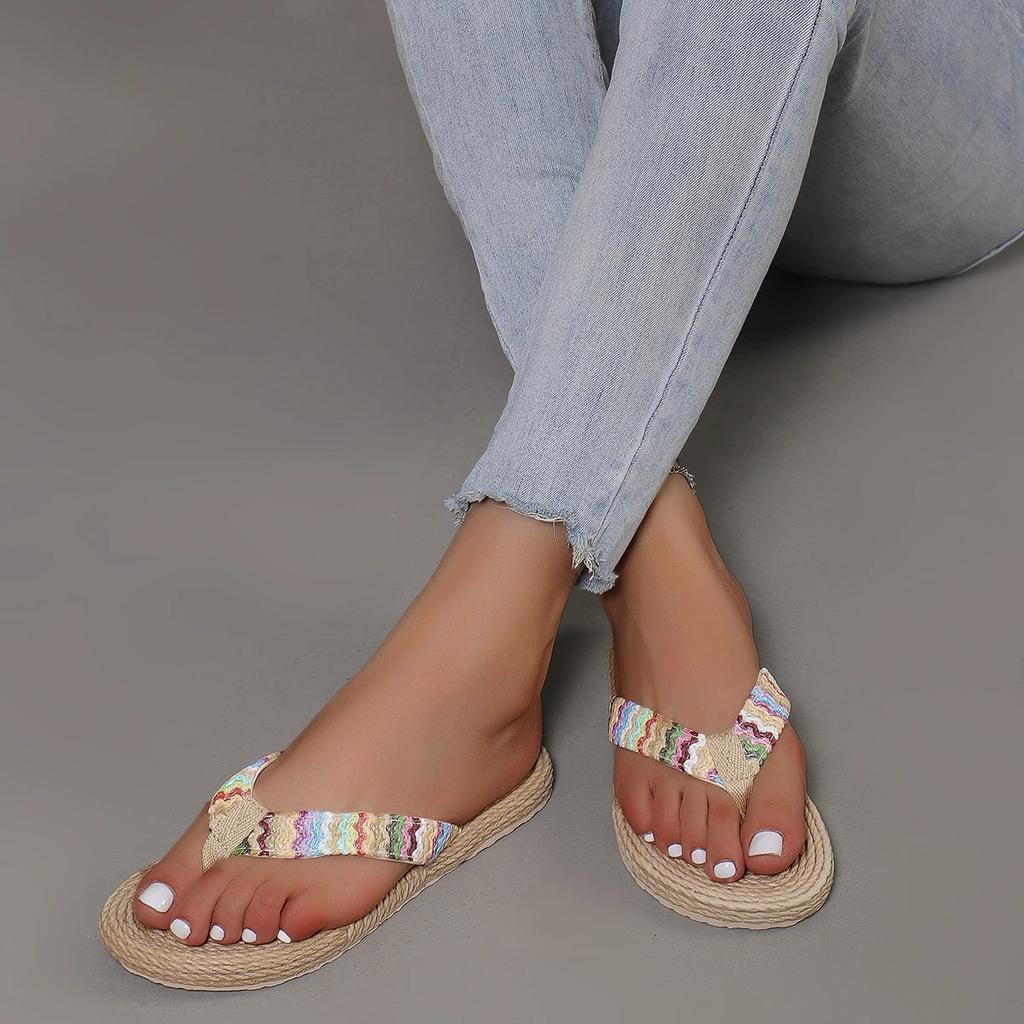 Women's Fashion Trend Anti-slip Wear-resistant Ethnic Wind Flaxgrass Flat Heel Flip-flops