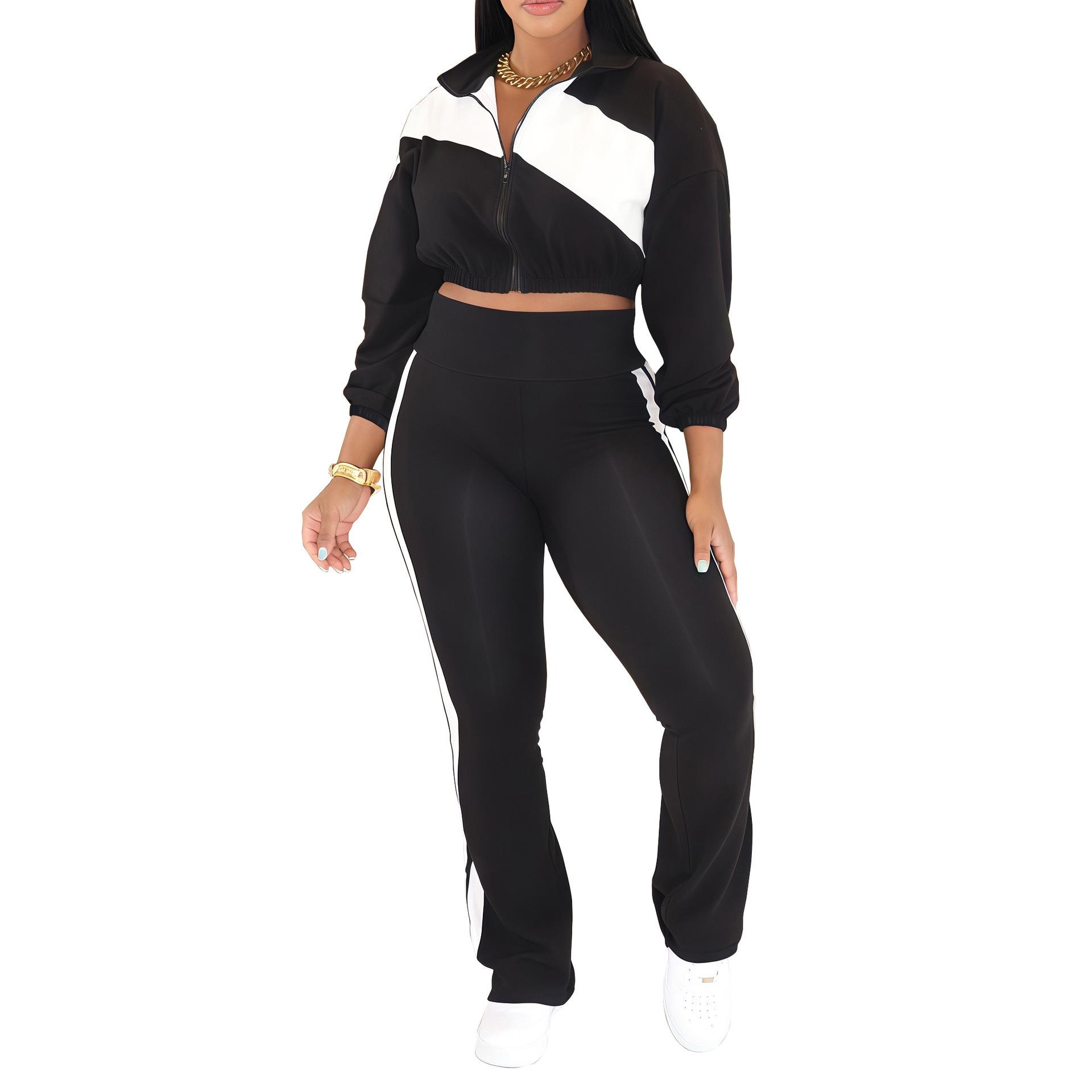 

Women s Sports Casual Patchwork Set: Long Sleeve Zipper Jacket & Two-Piece Outfit S