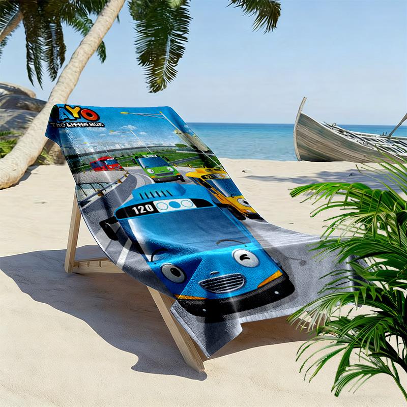 Toalla de Playa Estampado Plano 2D de la Serie Tayo el Pequeño Autobús, Toalla Grande Suave de Secado Rápido para Playa Camping Natación XSTJ0915200
