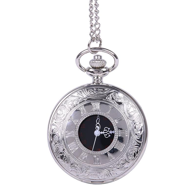 Large Black Chunky Chain Pocket Watch with Double Roman Numerals & Openwork Lace
