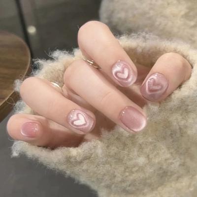 HANDMADE Artificial Nail Pink Love Heart Flashing Cat Eyes Phototherapy Nails Reusable and Removable Nails