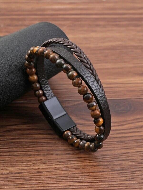 

Многостильный браслет из вулканического камня или камня «тигровый глаз» и ПУ-кожи, трехслойный, мужской, деловой, для досуга, подарок для мужчин