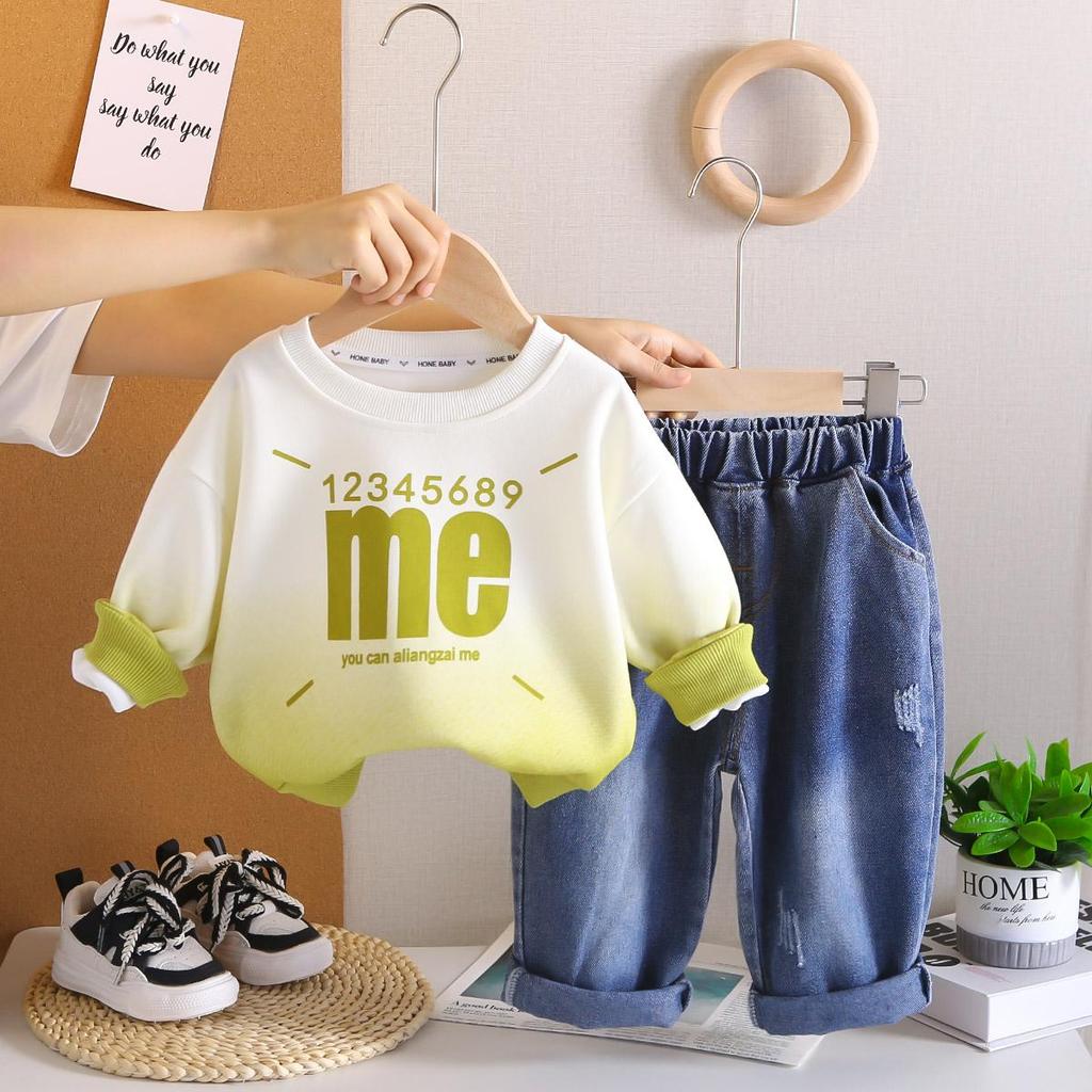Boys' Long Sleeved Two-piece Set - Round Neck English Letter Hoodie+denim Pants - Fashionable Clothes