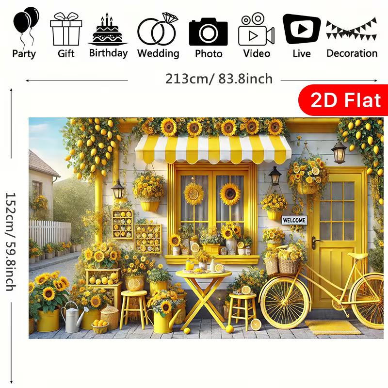 2D Cheerful Sunflower Lemon Café Backdrop with Bike & Outdoor Decor