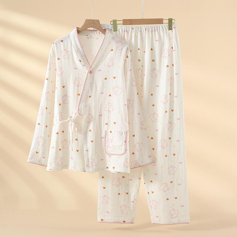 New cotton gauze cute teddy confinement suit spring and autumn summer thin pregnant women postpartum breastfeeding pajamas cover