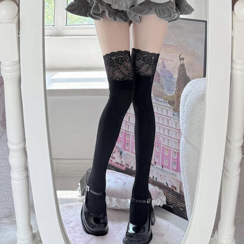 Japanese Lace Lace Knee Socks Vertical Stripe High Tube Bottom Knee Cotton Thigh Socks