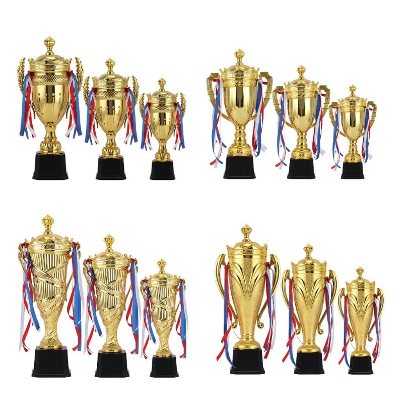 Sturdy Stainless Steel Sports Award Trophies Cup with Ribbons Portable for School Competitions and Home Decoration