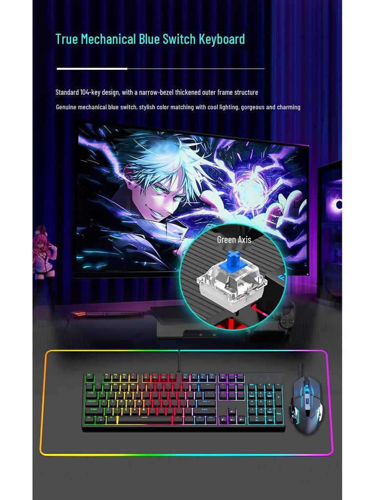 Wired RGB Mechanical Keyboard with Blue Switches, 104 Keys - Perfect for Gaming & Office Use
