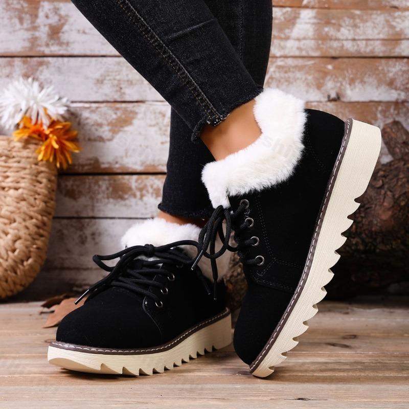 Winter Vintage Warm Hairy Low Top Non Slip Cotton Shoes for Women Retro Solid Versatile Plush Comfortable Chunky Snow Shoes