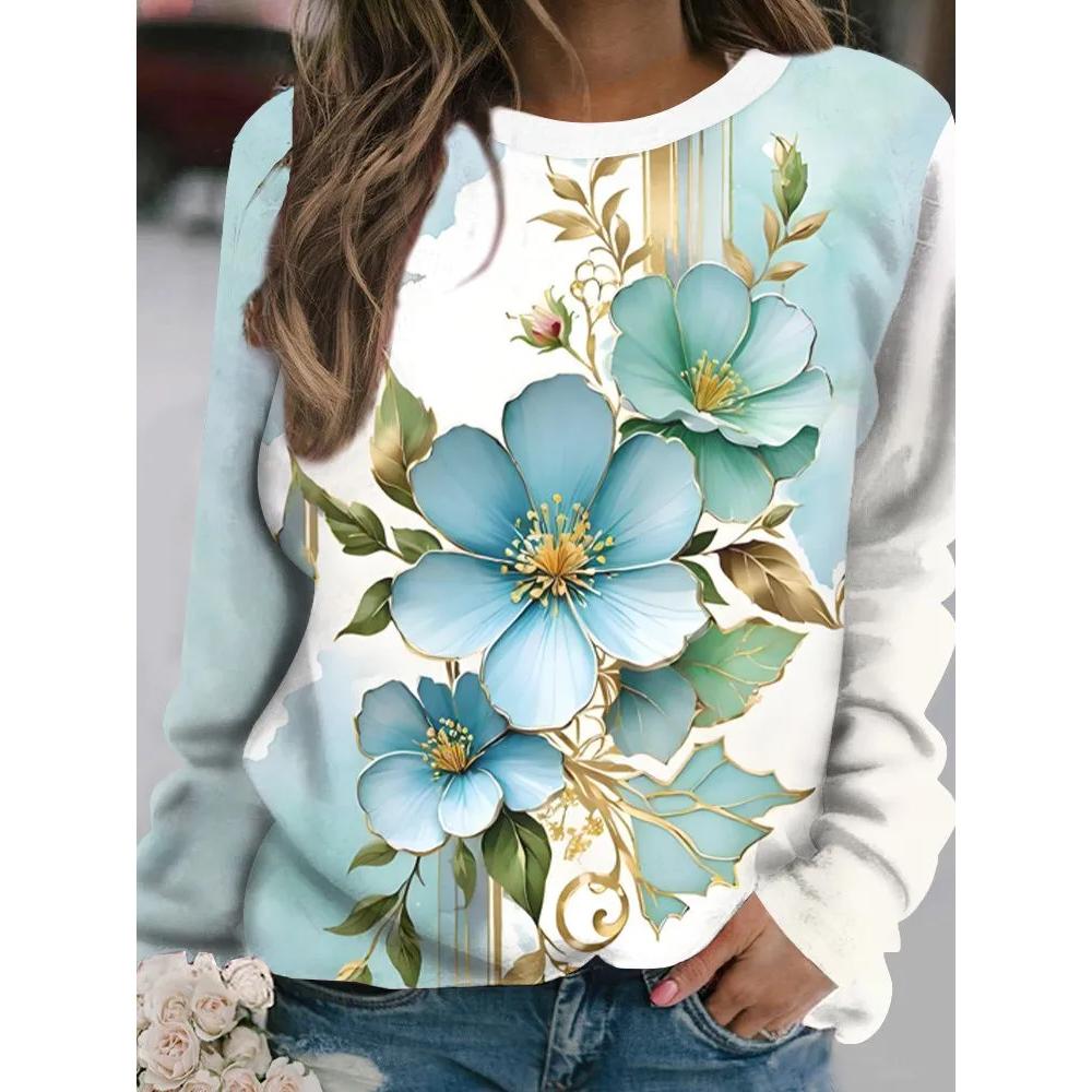 Fashion Versatile Flower Print Women's Top Long Sleeve Casual Loose T-Shirts Women’s Pullovers Long Sleeves Women’s